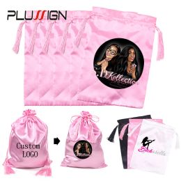 Hairnets Custom Personalized Silky Wig Bags Satin Packaging Bags For Wigs Hair Storeage And Travel Bags With Tassel Black White 20Pcs