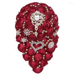 Decorative Flowers Handmade 18cm Luxurious Wedding Bouquet Silk Rose Shining Crystals Water-drop Shape Holding