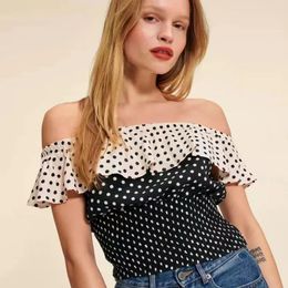 Women's Blouses 2024 Summer Women Vintage Black And White Polka Dot Print One Line Collar Ruffle Top/Same Half Skirt