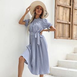 Casual Dresses Summer Women Chiffon Polka Dot Midi 2024 Mid-length Formal Office Temperament Retro Dress Fashion Pleats