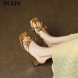 Summer Slippers Women Square Toe Sandals Shoes Chunky Heels for Handmade Comfort 240320