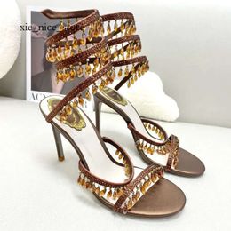 Sandals Turquoise Sandals Rene Caovilla Luxury Crystal Lamp Pendant Rhinestone Twining Foot Ring High Heeled Designer Shoes Top Quality Flash Silver 8171