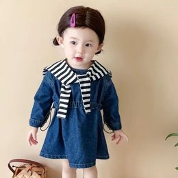 Clothing Sets 2014 Spring Autumn Baby Girls Fashion Set Denim Belt Dress Striped Shawl Kids Korean 2pc Suit Children Birthday Clothes