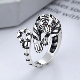 Ferocious Tiger 14K White Gold Ring for Men Women Vintage Silver Colour Animal Style Simple Trendy Jewellery Gift Adjustable Opening Rings