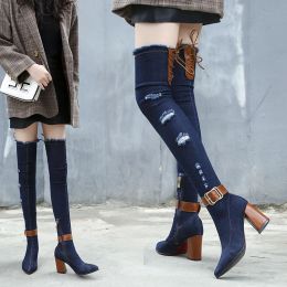 Boots Women Denim Over The Knee High Boots Stretch High Heel Female Shoes Ladies WoMen Pointed Toe Fashion Nice Autumn New