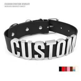 Wide Pu Leather Choker Collar Silver Colour Letters Custom Name Necklaces For Women Personalised Sexy Party Show Cosplay Jewellery 240315