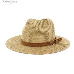 Wide Brim Hats Bucket Hats New Mens 60cm Jazz Paper Straw Hat Outdoor Beach Sun Protection Hat for Women Man Fashion Wide Brim Sun Hat with Belt L240322