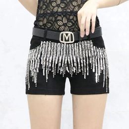 Black Sequins tassels Denim Shorts Womens Streetwear Summer Korean Slim Chain Trend Pants White Casual Short Jeans 240311