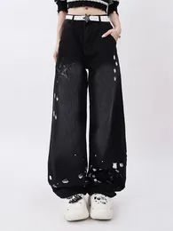 Women's Jeans Star Patch Ink Splashing Design Black American Vintage Casual Denim Trousers Female High Waist Straight Pants