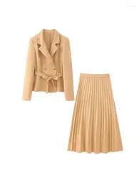 Work Dresses ZADATA Women's Fashion Versatile Solid Colour Commuting Casual Belt Slim Retro Long Sleeve Jacket Suit