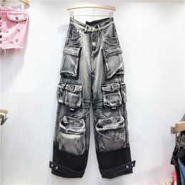Oudina Hot Sale Multi Pocket Baggy Boyfriend Trousers Denim Wide Leg Pants Loose Cargo Jean High Waist Women Jeans