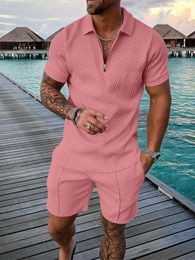 Mens Tracksuit Cotton Solid Color Short Sleeve Zipper Polo Shirt Shorts Set for Men Casual Streetwear 2piece Suit Summer 240318