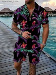 Men's Tracksuits Flower Parrot 3D Print Polo Shirts Shorts Sets Mens Casual Fashion Floral Oversized Short Sleeve Shirt Pants Set Suits Clothing L240320