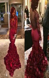 2017 Amazing Burgundy Mermaid Prom Dresses Sheer Long Sleeve with Appliques Illusion Back Mermaid with Rose Floral Ruffles Evening5413851