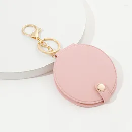 Keychains Portable PU Leather Foldable Makeup Mirror Keychain Candy Color Mini Round Keyring Women Bag Pendant Girls Small Gift