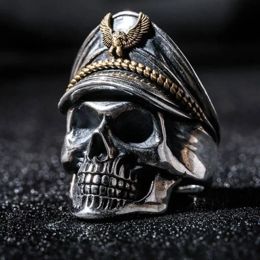 Retro Officer Skull 14K Black Gold Rings for Men Women Punk Hip Hop Rock Skeleton Trendy Ring Fashion Jewellery Gifts Adjustable
