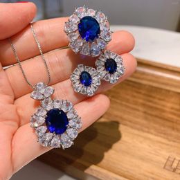 Necklace Earrings Set Oval Shape Blue Sapphire Red Ruby Green Zircon Pendant Stud Adjustable Ring Jewellery For Women