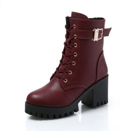 Boots Women Boots Lace Up Flat Biker Combat Wine Red Boots Shoes Buckle Woman Botas Women hot Boots Winter Ankle High Heels