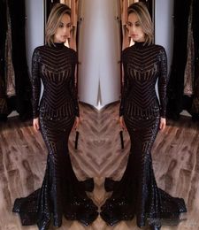 Cheap Black sequin High Neck Long Evening Dresses with Long Sleeves Floor Length Memraid Prom Party Dresses Formal Evening Gowns C3460112