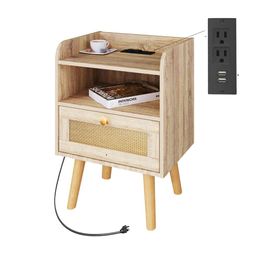 Gyger Wood Nightstand Charging Station, Bed Side Rattan Decor Drawer, Small Night Table with Storage for Bedroom, Natural