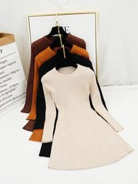Casual Dresses Women Knitted Spring Autumn Long Sleeve Slim A-line Elegant Short Dress Korean Vintage Sweater Robe