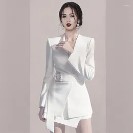 Work Dresses Women Office Career Skirt Set Spring High-quality Korean Short V-neck Long-sleeved White Blazer Dress 2-piece Black