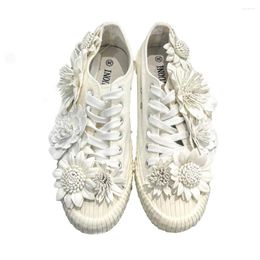 Casual Shoes Soft Sneakers White Flowers Flats Canvas Wheel Bottom Sweety Cute Round Toe Low Top Lace-Up Women Vulcanized Spring