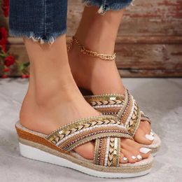 Slippers Slope Heel Ethnic Women's Summer Fashion Thick Bottom Wedges Platform Footwear Open Toe Sequin For Women