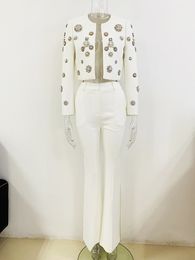 BA0027 Newest Fashion Designer Suit Set Women's Pearls Diamonds Rhinestone Beaded Trimed Jacket Flare Slit Pants Suit