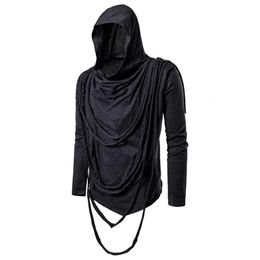 Men autumn punk rock hip hop long sleeve t shirt ripped tassel hooded tees tops man gothic style cloak black white 6 colors 240312