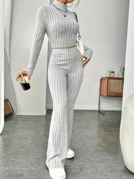 2024 Spring Knitted 2 Piece Set Tracksuit Long Sleeve Vintage Sweater Crop Top Flare Pants Stretch Matching Suit Outfit 240322