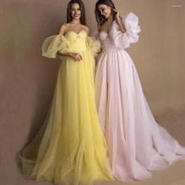 Party Dresses Bright Yellow Prom Dress 2024 Pink Dot Tulle A-line Long Formal Evening Gowns With Detachable Sleeves