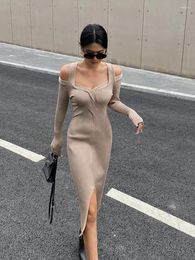 Casual Dresses Flower WOMENGAGA V-neck Twisted Hanging Neck Off Shoulder Split Knit Bottom Dress Elegant Women Slim Mid Length Spring 8TQ