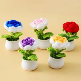 Decorative Flowers Crochet Rose Flower Potted Plant Fake Knitted Bonsai Finished Hand Woven Car Home Desktop Decor Gift Girl Women