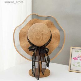 Wide Brim Hats Bucket Hats New Korean Style Woman Straw Gauze Joint Bow Ribbon Large Brim Sunshade Ins Celebrity Outing Fashion Beach Holiday Glacier Hat L240322
