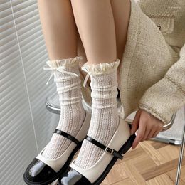 Women Socks Y2K Japanese Stockings Ruffle Long Lolita Boeknot White Lace Knee High Sock Sweet Girls Bow Thigh Stocking