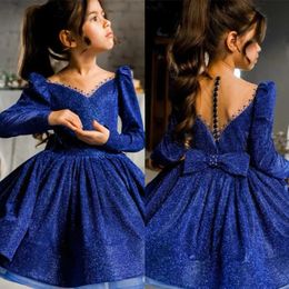 Blue Puffy Flower Girl Dress Pearls Beadings Neck Mini Kids Birthday Party Gown Glitter A Line bow Infant Baby pageant gowns