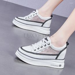 Casual Shoes 5.5cm Genuine Leather Women Platform Wedge Sneakers Chunky Hidden Heel White Black Summer