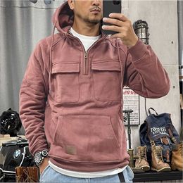 Spring and Autumn New Mens Hooded Solid Sweater Youth Sports Multi Pocket Patch Leather Coat