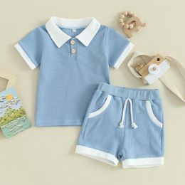 Clothing Sets Infant Baby Boys Summer Outfits Contrast Color 2Pieces Short Sleeve Lapel Buttons T-Shirts Waffle Tops Elastic Waist Shorts