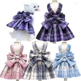 Dog Apparel Puppy Harness Leash Plaid Pet Dress Bow Teddy Princess Clothes Summer Skirt