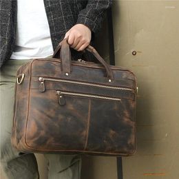 Briefcases Big Brown Genuine Crazy Horse Leather 15.6'' 17'' Laptop Executive Men Briefcase Business Travel Messenger Bags Portfolio M7389