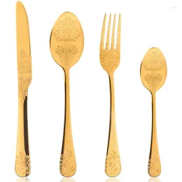 Dinnerware Sets Golden European Cutlery Set Stainless Steel Dinner Embossed Gold Spoon And Fork Christmas Gift Kitchen Accessories