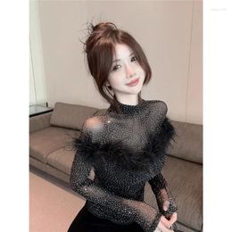 Women's Blouses 2024 Arrival Feather Patchwork Women Vintage Elegant Female Shirts Korean Chic Long Sleeve Sexy Bluses Mujer