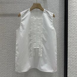Women's Blouses 2024 Pleated Vest Shirt Solid Colour O-Neck Sleeveless Retro Court Art Wear Camisas De Mujer