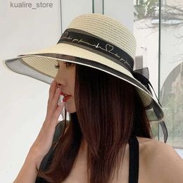 Wide Brim Hats Bucket Hats Straw Hat Summer New Style Black Mesh Female Summer Sunscreen Cover Seaside Vacation Holiday Foldable Beach Hat Sun Visor L240322