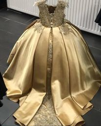Girl Dresses Gold Satin Real Pictures Flower Dress For Wedding Lace Applique Kids Birthday Party Pageant Gown