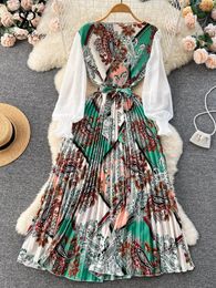 SINGREINY Ethnic Style Print Dres Spring Fashion Puff Sleeve Laceup Design Sheath 2023 Retro ALine Long Dress 240312
