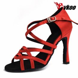 Boots Evkoodance Zapatos De Baile girl Satin Black Tan Red Purple 10cm women Latin Ballroom Salsa Dance Shoes For Ladies Evkoo068