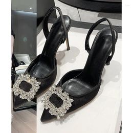 Dress Shoes Brand Designer Black High Heels Sandals Women 2024 Summer Crystal Square Buckle Woman Pointed Toe Slingbacks Party Shoe